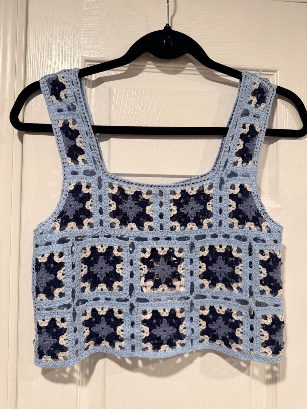 NWT FCT With Love Size M Blue Crochet Granny Square Tank Top Cropped Vest Boho